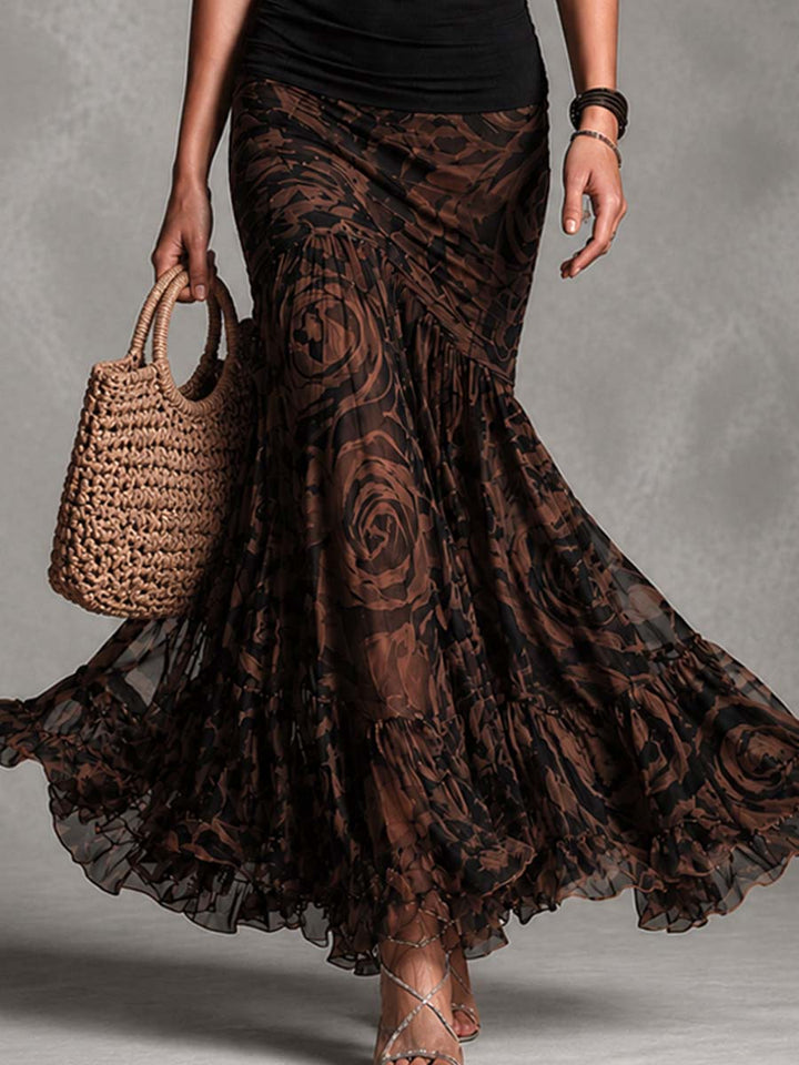 Set top nero retro e gonna in mesh stampata marrone
