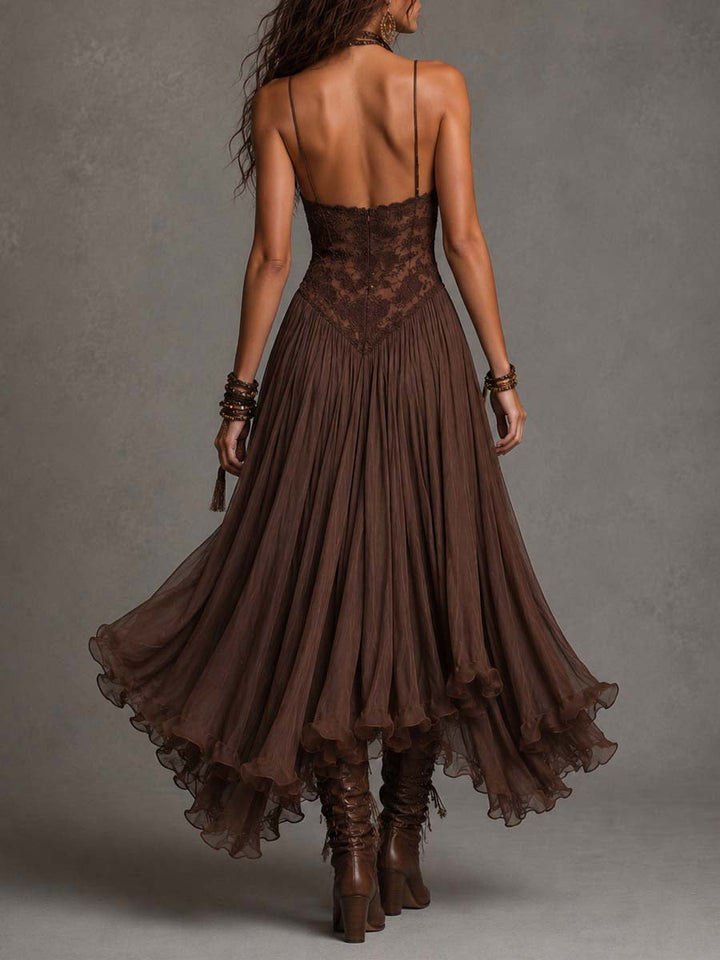 Sukienka maxi z szyfonu z wstawkami z ciemnobrązowej koronki