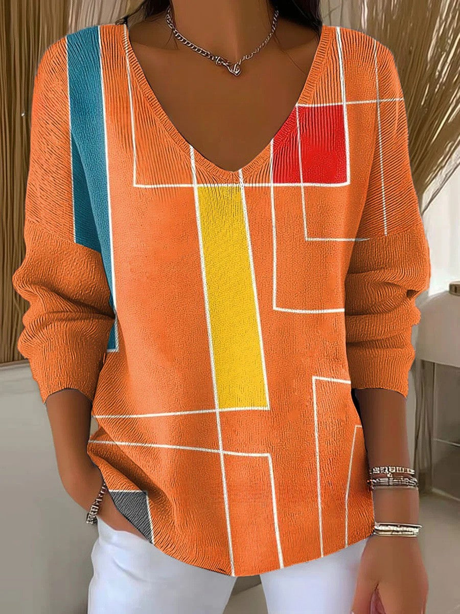 Amy | Kolorowy Sweter z Dekoltem w Serek