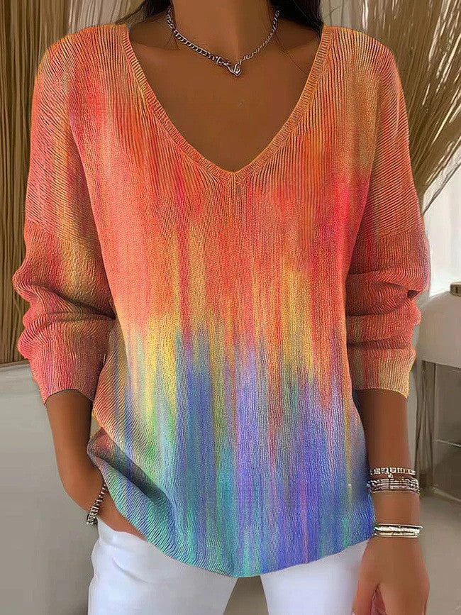 Emma | Kolorowy Sweter z Dekoltem w Serek