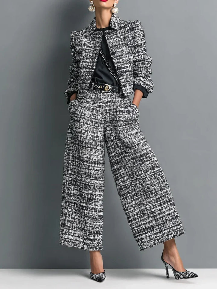 Tweed™ | Elegancki komplet damski z krótką marynarką i szerokimi spodniami