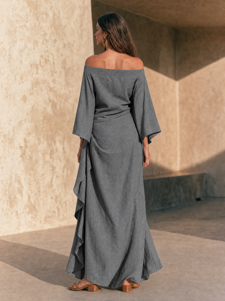 Aure™ | Minimalistyczna sukienka maxi z odkrytymi ramionami i falbaną