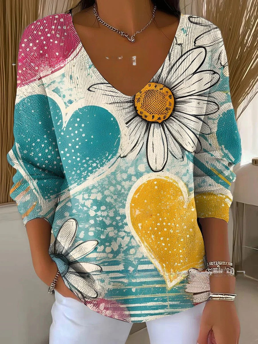 Emily | Kolorowy Sweter z Dekoltem w Serek