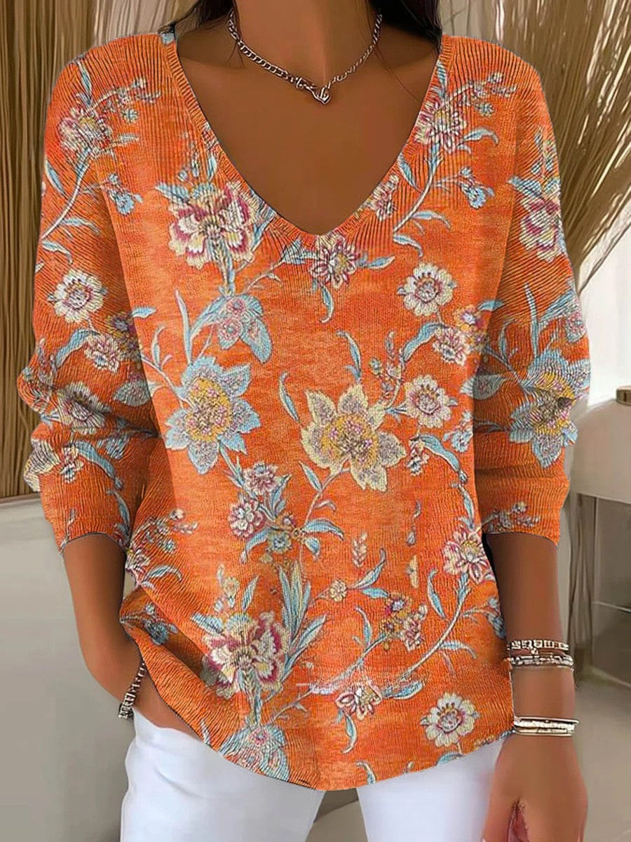 Ella | Kolorowy Sweter z Dekoltem w Serek