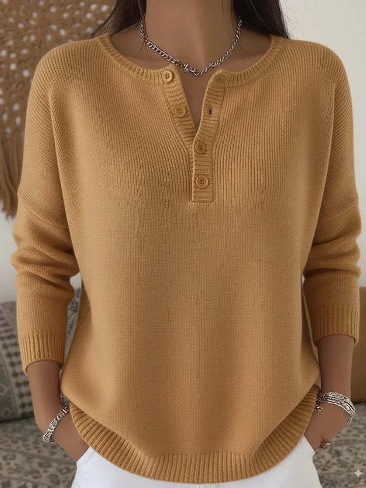 Helena™ | Sweter z dzianiny typu Henley zapinany na guziki