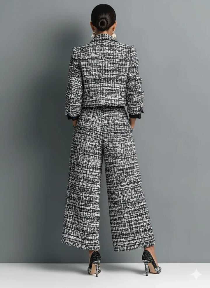 Tweed™ | Elegancki komplet damski z krótką marynarką i szerokimi spodniami