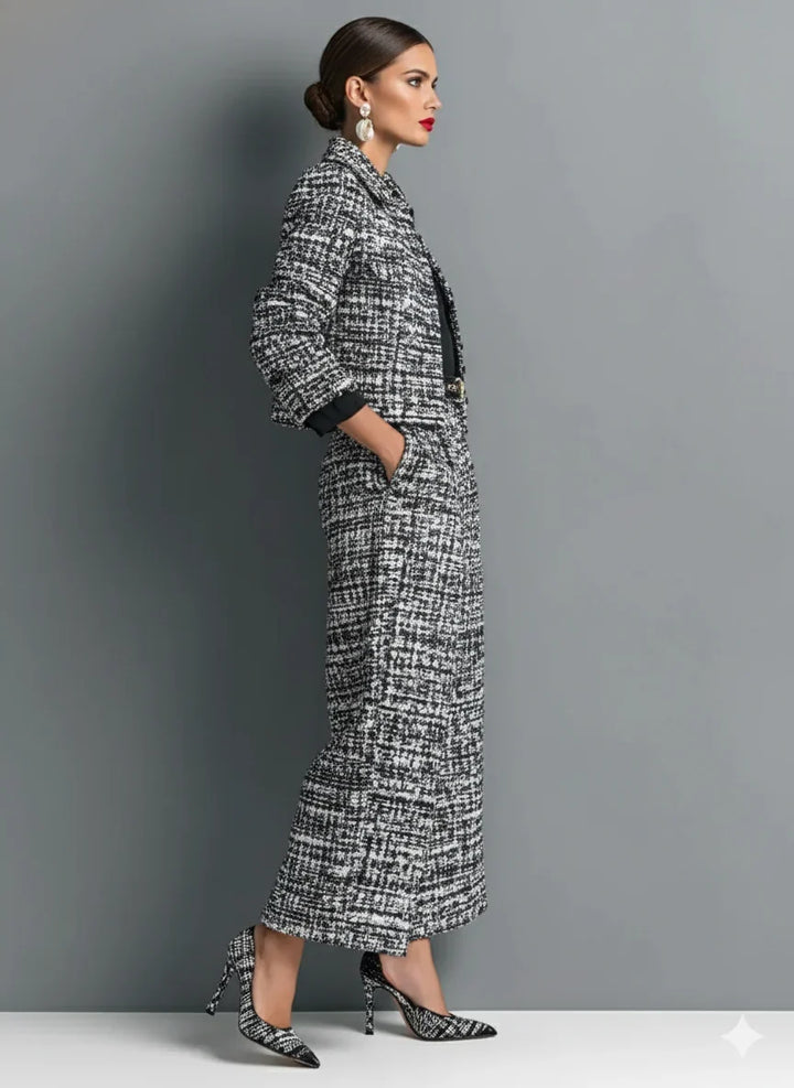 Tweed™ | Elegancki komplet damski z krótką marynarką i szerokimi spodniami