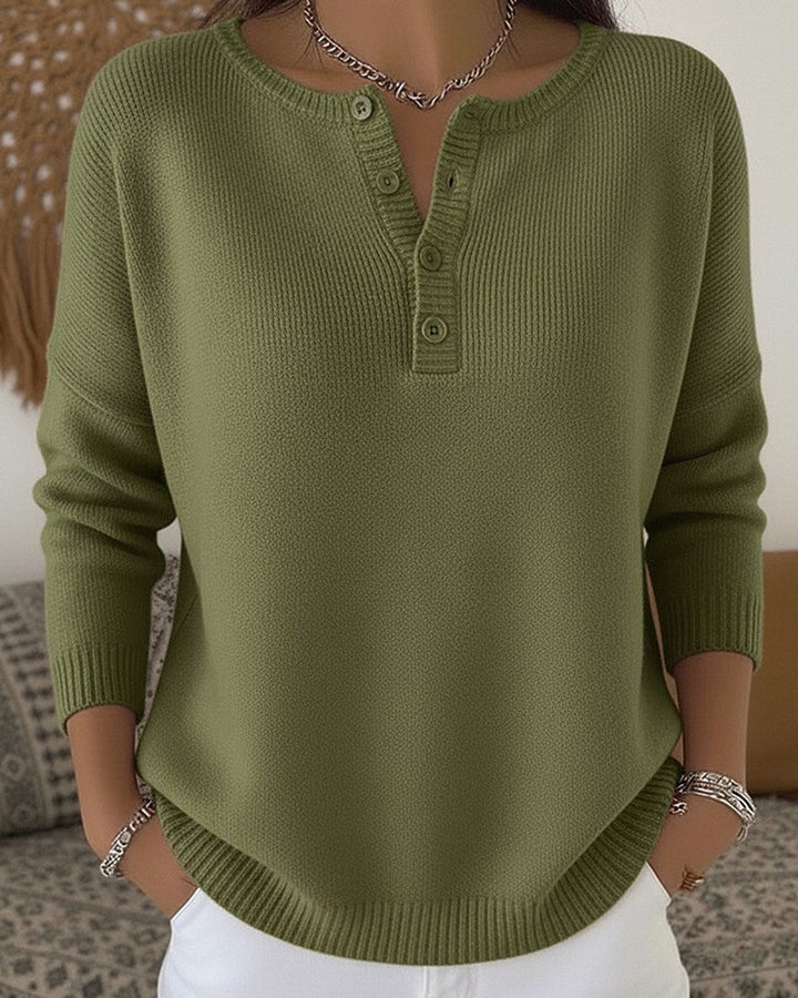 Helena™ | Sweter z dzianiny typu Henley zapinany na guziki