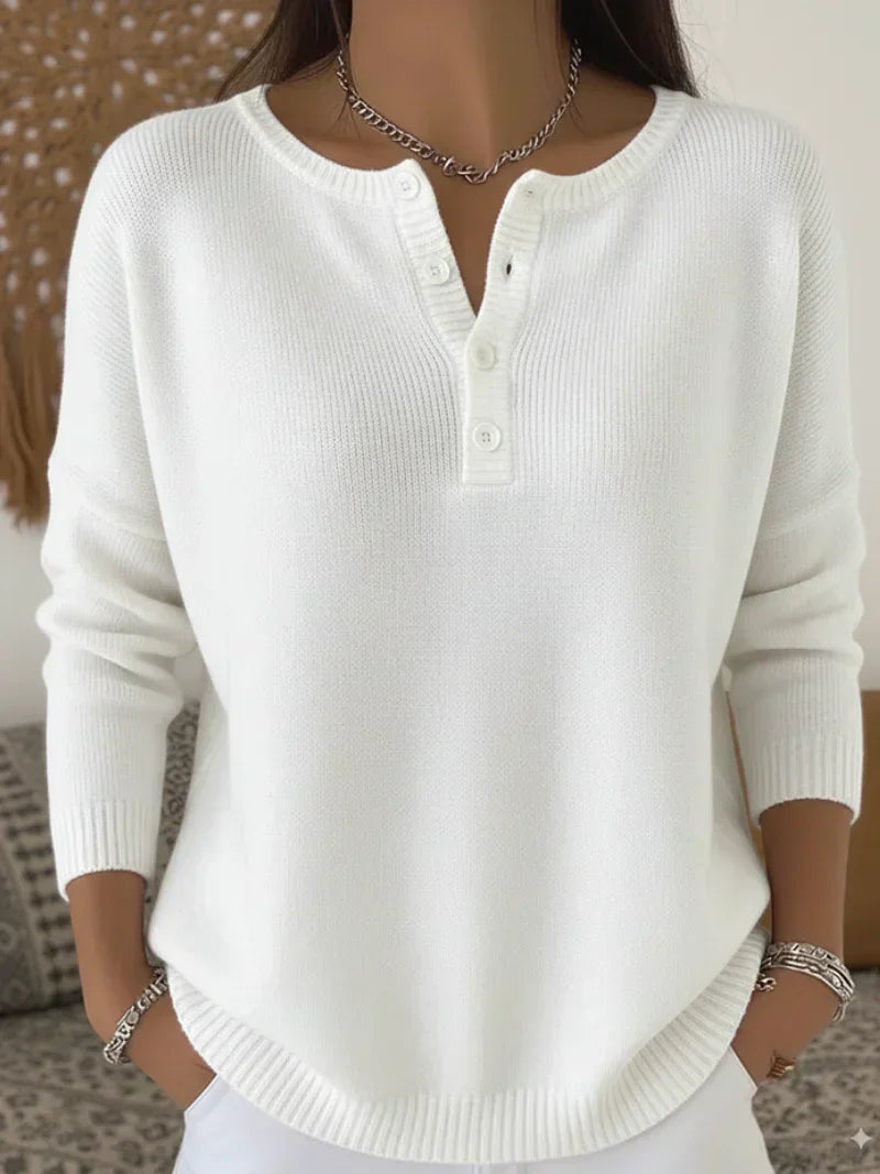 Helena™ | Sweter z dzianiny typu Henley zapinany na guziki