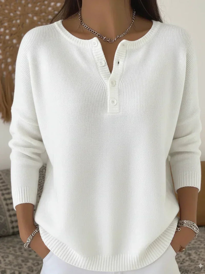 Helena™ | Sweter z dzianiny typu Henley zapinany na guziki