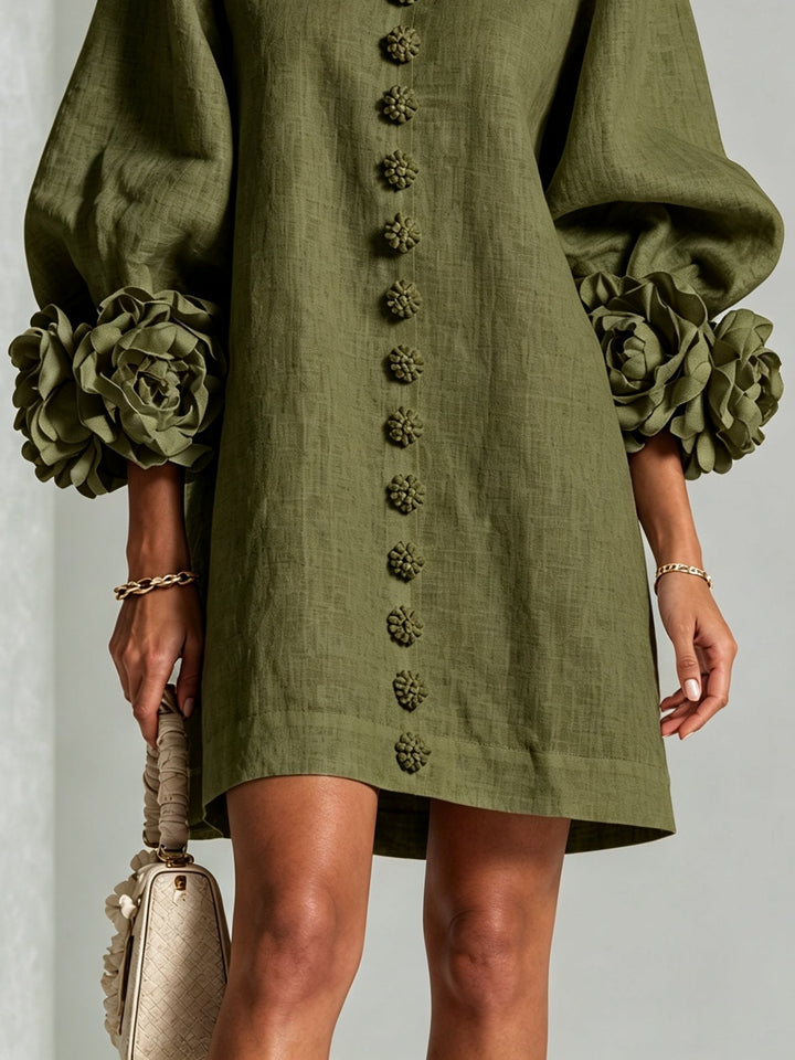 Sukienka mini typu button-down w stylu kwiatowym w kolorze oliwkowym z oszałamiającymi rękawami w kwiatowy wzór