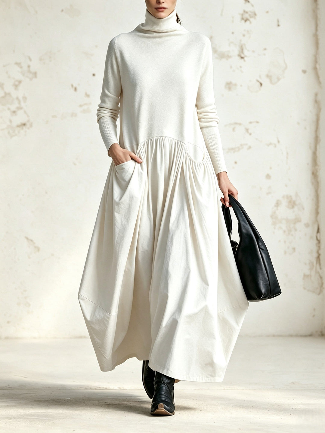 Odette™ | Czarna sukienka maxi oversize ze stójką