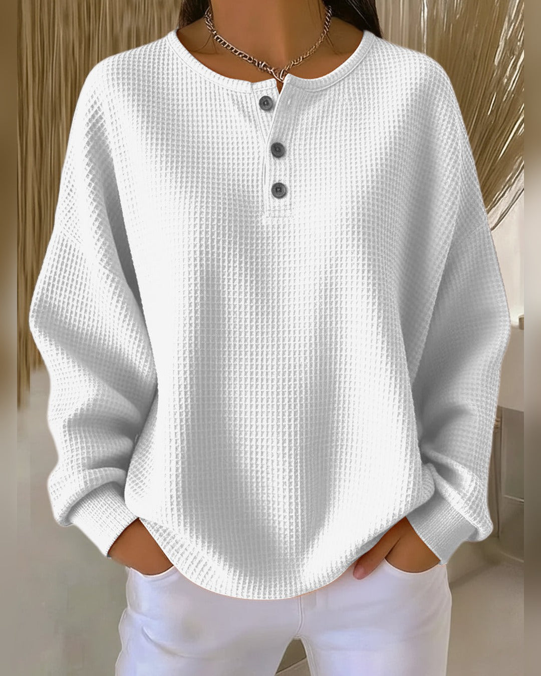 Erna™ | Sweter o waflowym splocie z dekoltem Henley