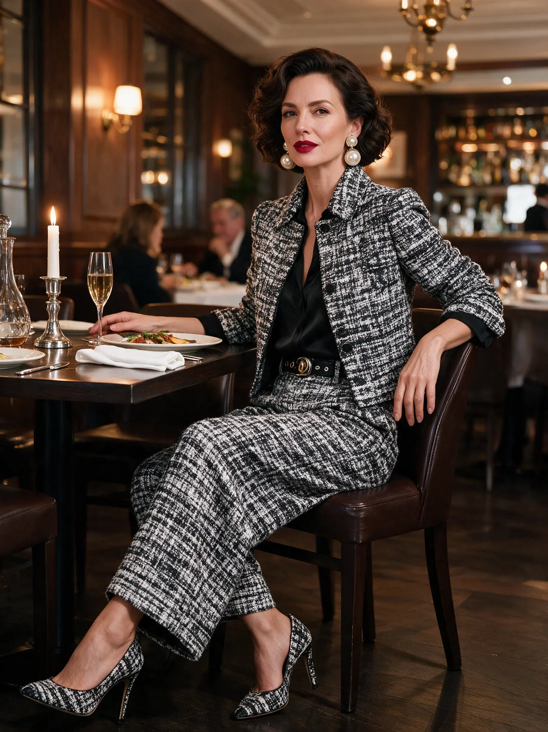 Tweed™ | Elegancki komplet damski z krótką marynarką i szerokimi spodniami