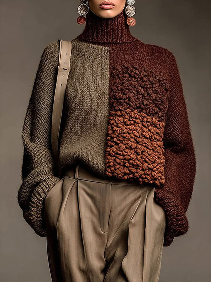 Elegancki brązowy sweter z golfem w stylu color-block