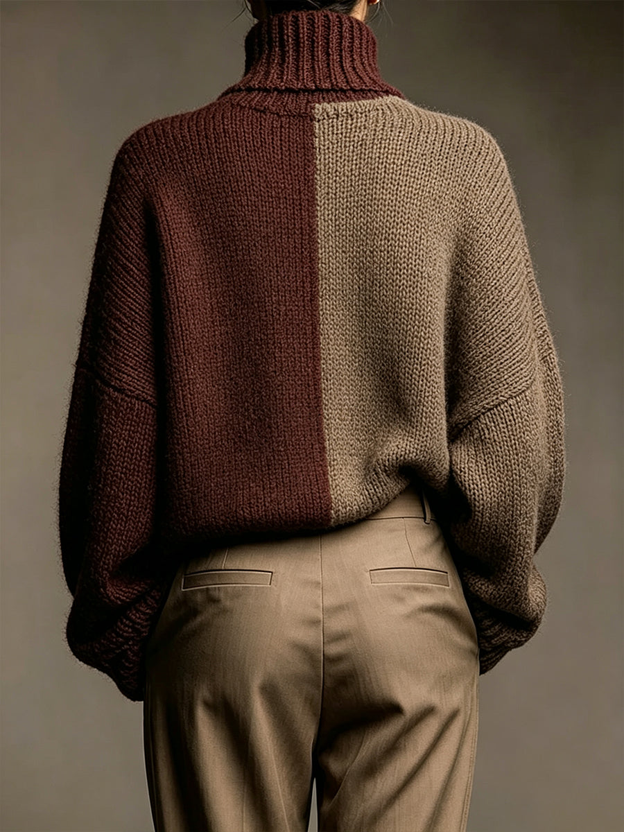 Elegancki brązowy sweter z golfem w stylu color-block