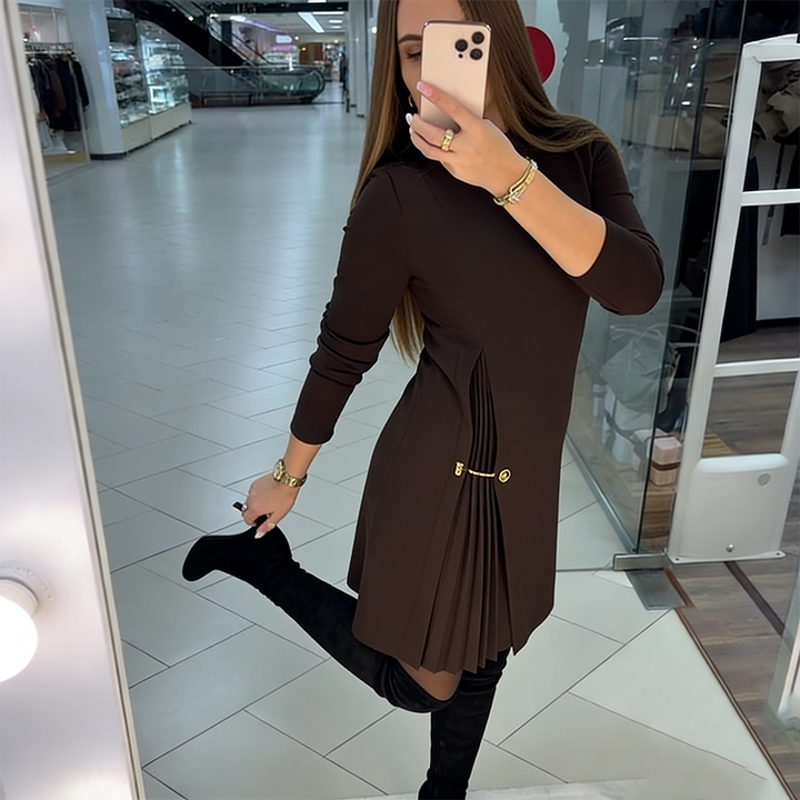 Szarlotta | Sukienka z Długim Rękawem i Faldami