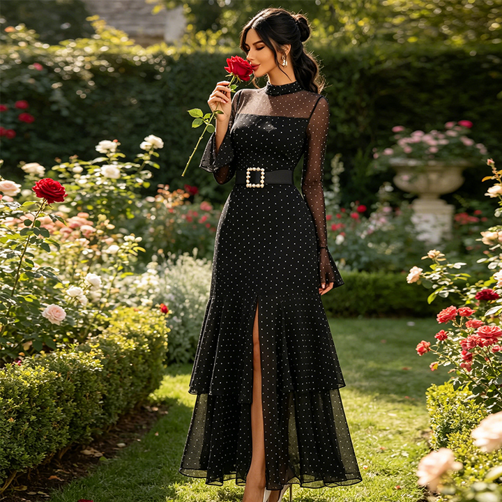 Celestyna™ | Elegancka Sukienka Wieczorowa ze Stójką i Rozcięciem