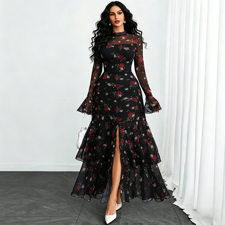 Celestyna™ | Elegancka Sukienka Wieczorowa ze Stójką i Rozcięciem