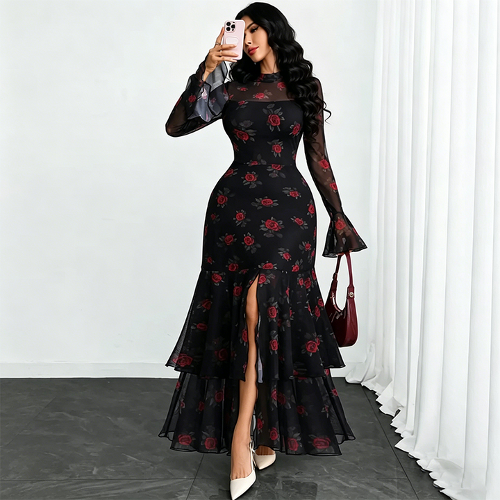 Celestyna™ | Elegancka Sukienka Wieczorowa ze Stójką i Rozcięciem