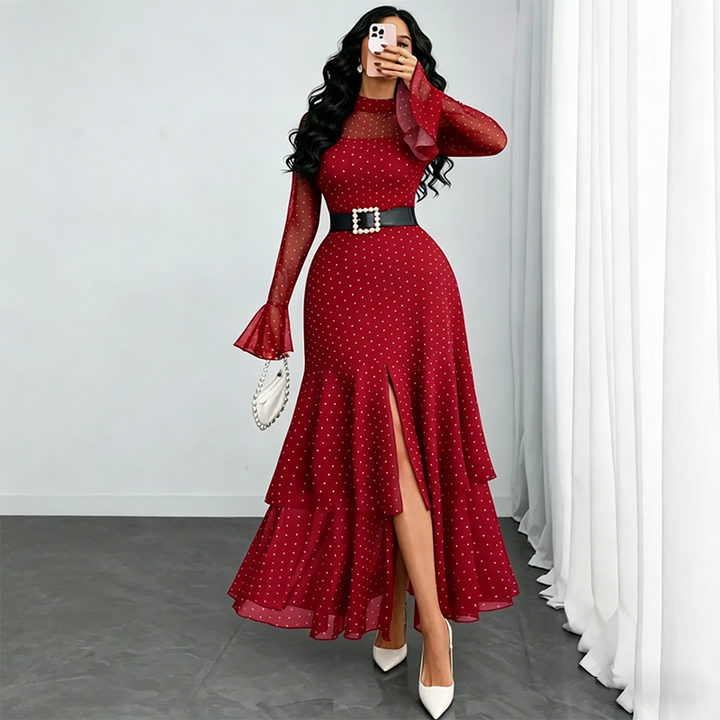 Celestyna™ | Elegancka Sukienka Wieczorowa ze Stójką i Rozcięciem